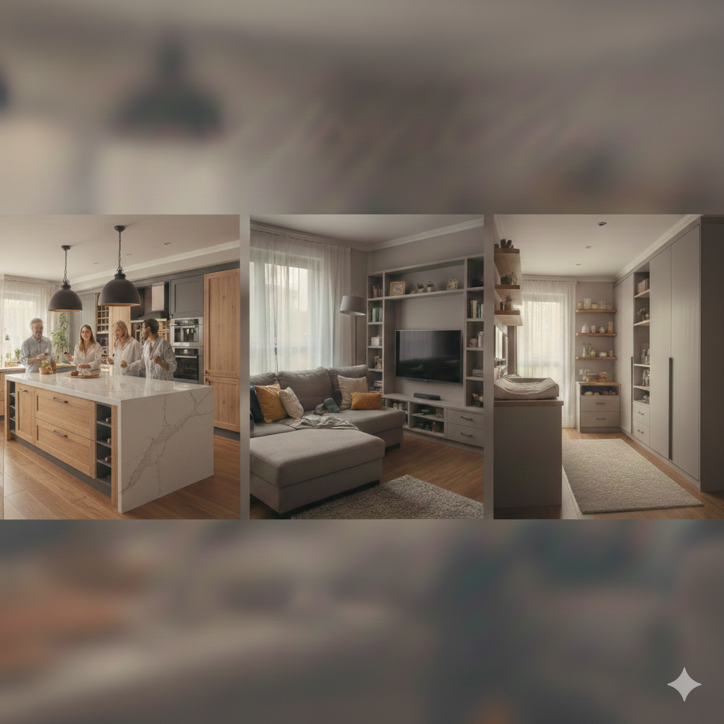 Ambientes acolhedores com cozinha integrada onde família e amigos se reúnem, sala de estar com sofá confortável e estante planejada, e quarto infantil organizado com móveis funcionais